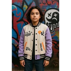KREW District Varsity Jacket Lilac Sleeves Graffiti Patches Youth L Y2K